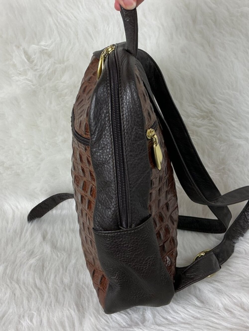 Vintage 90s Libaire Brown Croc Embossed Leather Backpack - Picture 5 of 8